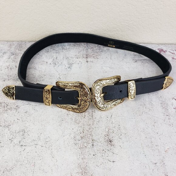 B-Low The Belt Bri Bri Genuine Leather Double-Buckle Western Belt Black /Gold XS - Picture 2 of 9